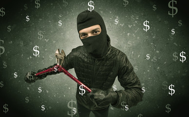 Money hungry thief in black clothes and tolls on his hand.