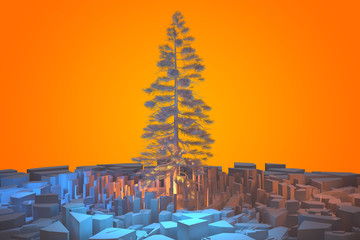 2019 New Year card christmas tree over abstract rocks 3d illustration