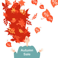 Symbolic image of the autumn sale. Leaf fall. Illustration of a happy red-haired girl on a white background