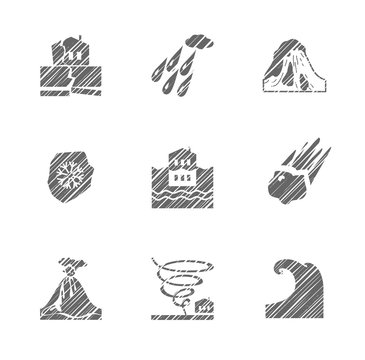 Weather, natural disasters, monochrome icons, hatching, vector. Images of various natural disasters. Vector clip art. Flat icons. Simulated pencil shading. 
