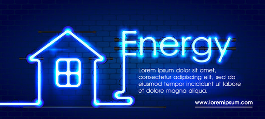 Eco energy saving light led bulb, glowing compact fluorescent lightbulb. Energy saving digital design concept of blue glowing neon sign and house. Eco energy banner.