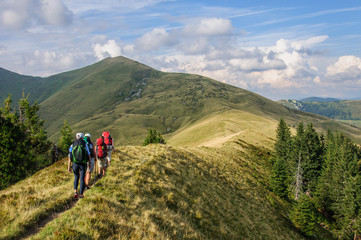 Group of tourists with large backpacks are on mountain