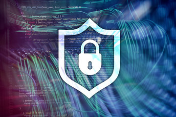 Cyber protection shield icon on server room background. Information Security and virus detection.