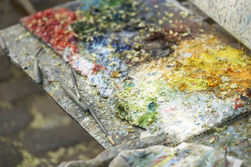 Palette of paints in a school