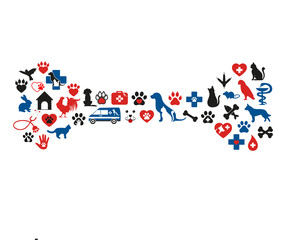Veterinary set in the shape of a bone on a white background
