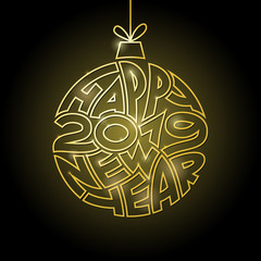 Happy New Year background with golden christmas ball. Greeting card or invitation design template.