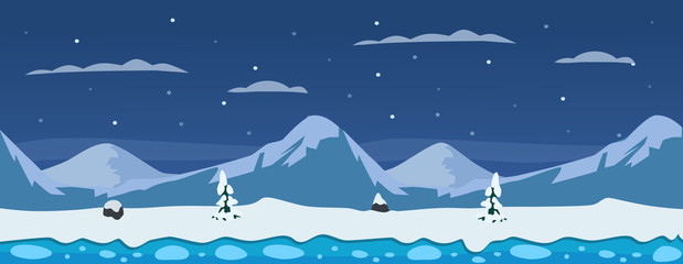 Horizontal winter background with mountains, snow, ice and pine trees.
