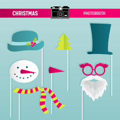 Fototapeta na wymiar Christmas Retro Party set of Glasses, Hats, Moustaches, Beard, Masks for photobooth props in vector