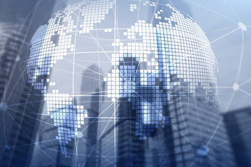 3D Earth hologram on blurred background.Global business and communication concept.