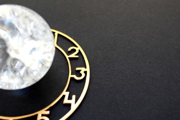 glass ball surrounded by a dial lies on a black background