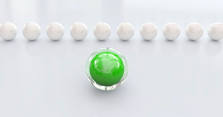 Concept for leading a team. Green ball is in front of a row of white balls. Symbol of a leader