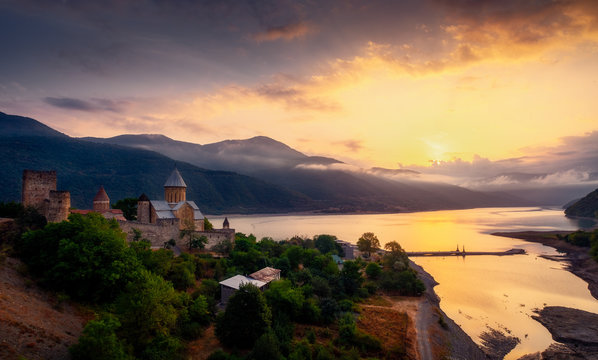 Scenic view of Ananuri fortress and lake at sunrise, Country of Georgia