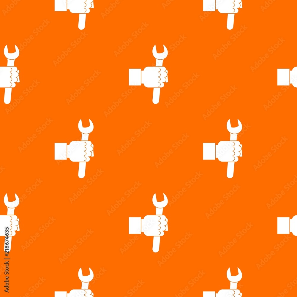 Poster wrench tool in man hand pattern repeat seamless in orange color for any design. vector geometric ill
