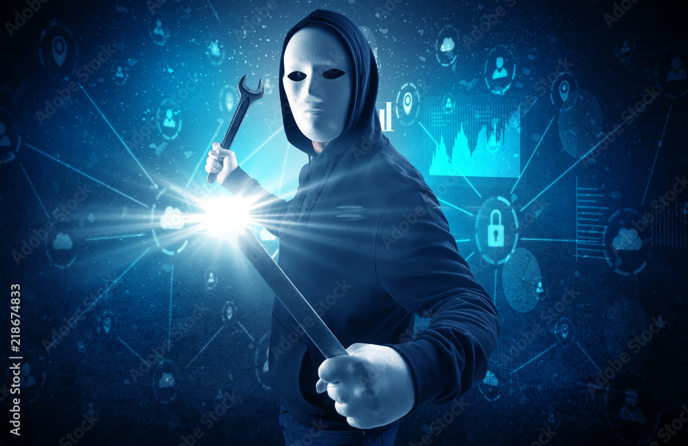 Poster armed burglar in dark secured database network cloud and report concept