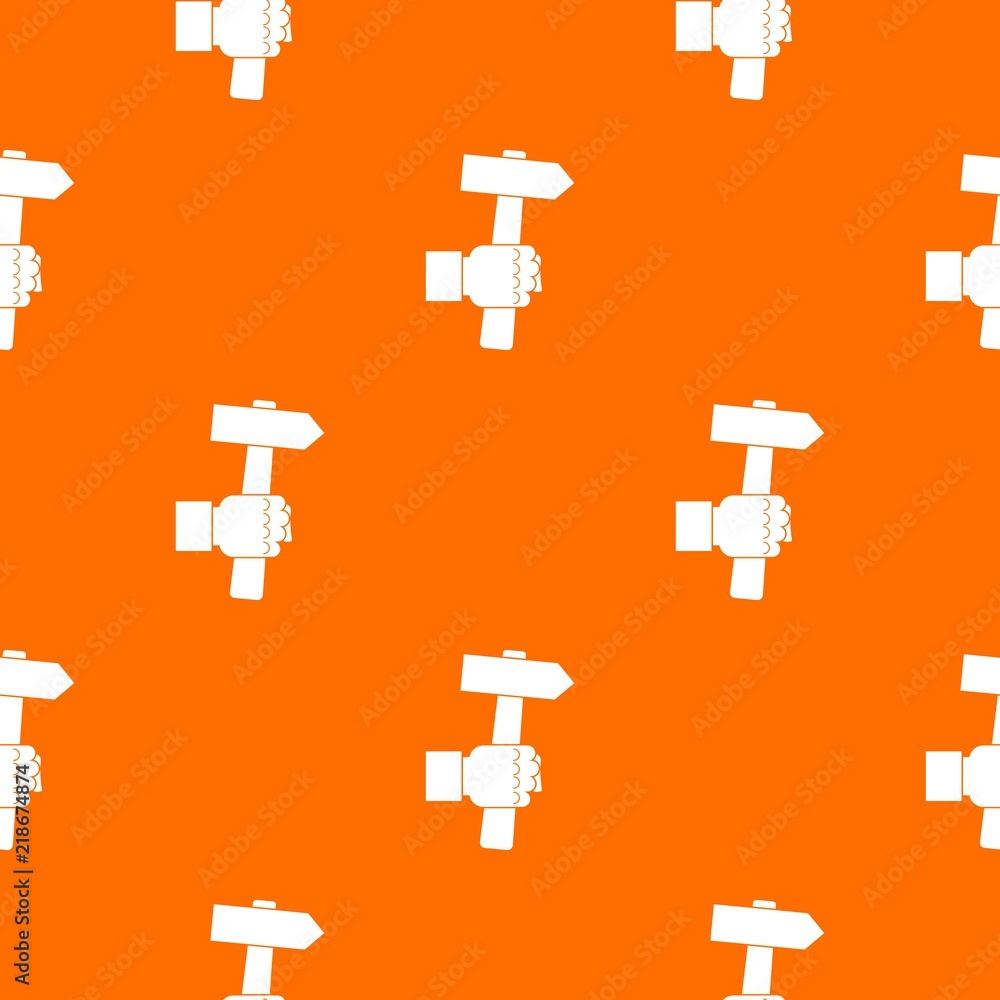 Poster hand hoding hammer with tool pattern repeat seamless in orange color for any design. vector geometri