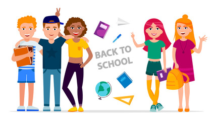 Back to school vector concept illustration with cheerful children cartoon characters gathering isolated on white background. Smiling Students with school supplies are back to classes in flat design