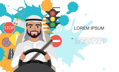 Set of road symbols and driver arab men character