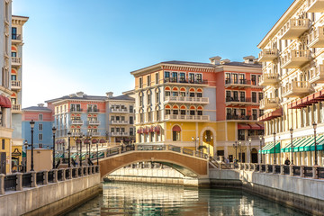 The canals of Venice like Qanat Quartier at the Pearl in Doha, Qatar in a late afternoon.