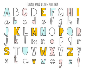 Cute hand drawn alphabet. Vector letters set. Scandinavian style with decorations.