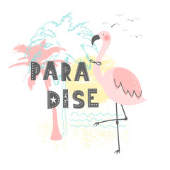 Hand drawn vector illustration of a cute funny pink flamingo with lettering quote Paradise. Isolated objects. Concept for children print
