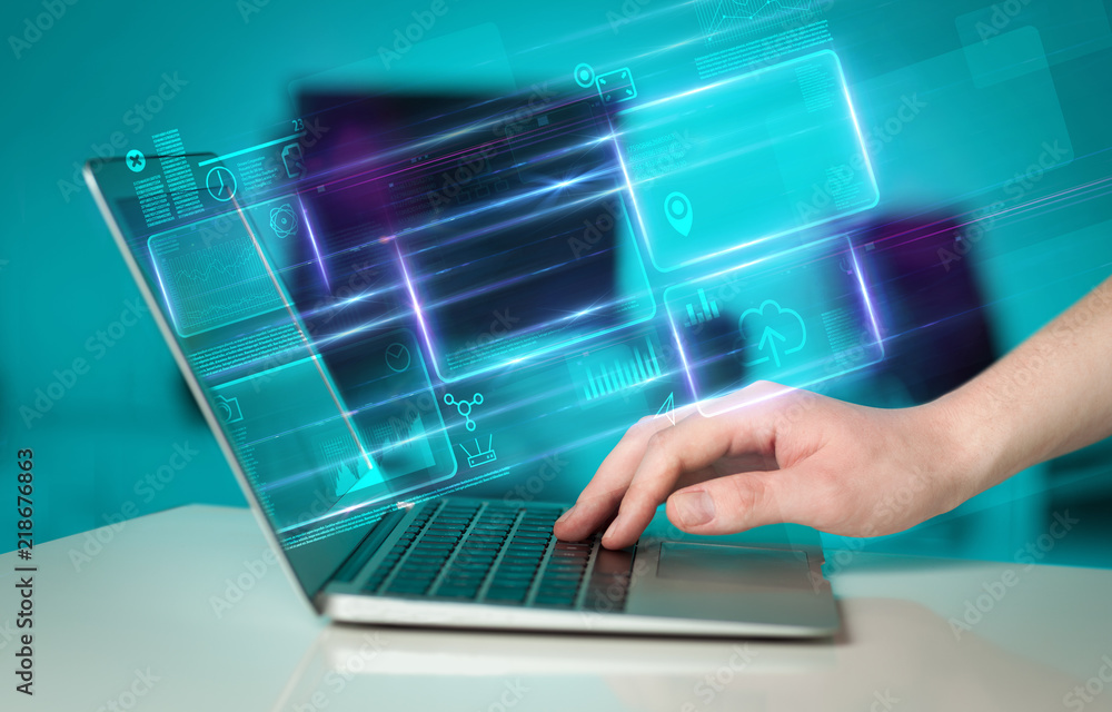 Poster hand using laptop with database reports and online work concept
