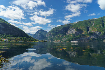 Fototapeta na wymiar Breathtaking view of Sunnylvsfjorden fjord and cruise ship. western Norway
