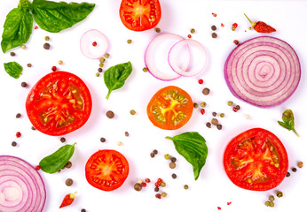fresh vegetables, herbs and spices isolated on white background