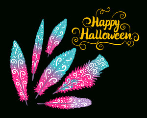Happy Halloween card. Lettering inscription. Set ornament of feathers isolated on a dark background.