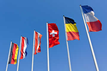 The national flags of Germany, the Netherlands, Austria, Switzerland, Belgium and France flying in...