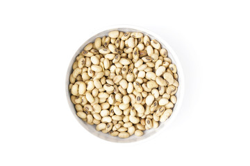Roasted Soy in White Ceramic Bowl isolated on White Background. Top View.