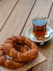 turkish bagel and tea on a wooden table