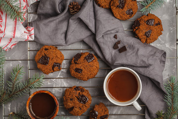 Christmas cookies with chocolate and cocoa, top view. Christmas background concept.
