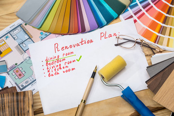 Renovation plan with different colour swatches ang tools