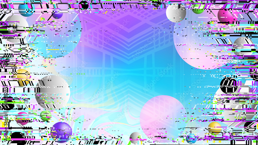 Poster glitch. holographic. abstract shapes. chaos. pixel. cyberpunk. computer screen error. digital design