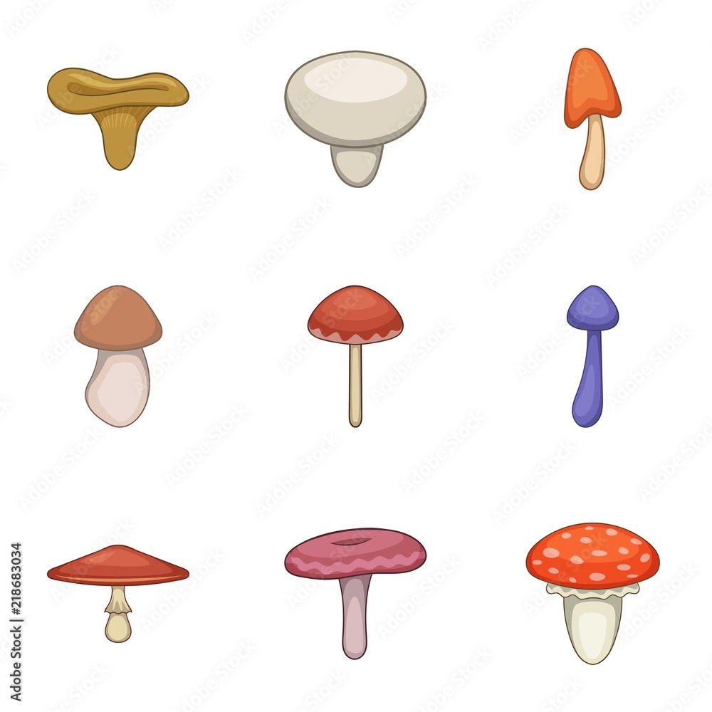 Poster mushrooming icons set. cartoon set of 9 mushrooming vector icons for web isolated on white backgroun