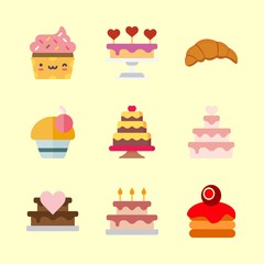 cake vector icons set. wedding cake, kruassan, crepe and cupcake in this set