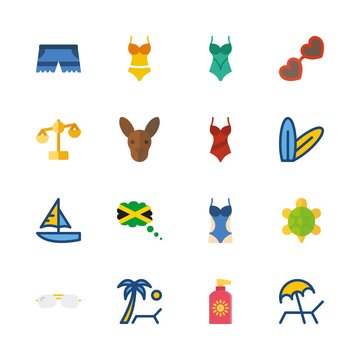 beach vector icons set. sun protection, kangaroo, sunbed and balance in this set