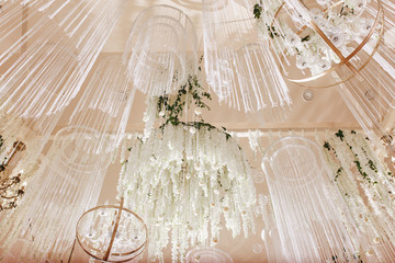 amazing luxury decorated place ceiling for wedding reception, catering in restaurant