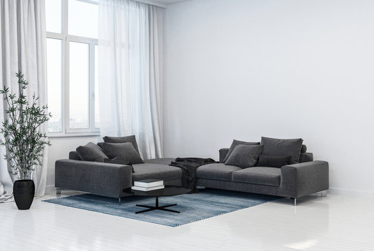 Monochromatic grey and white living room interior