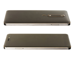 two smartphones screen up and back up with a camera and a finger touchscreen in a metal case