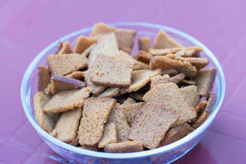 Croutons of black bread. Close-up photo. Place for your text