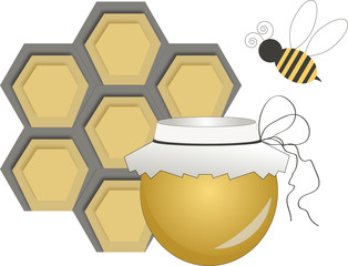 bee, honeycomb and a jar of honey