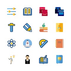 school vector icons set. notebook, male teacher, school bag for boys and invention in this set