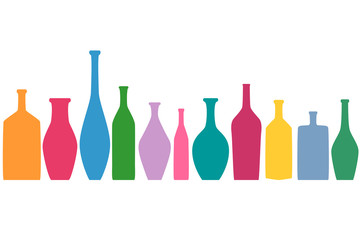 Bright colored bottles in a row, different type of bottles collection, horizontal flat decoration