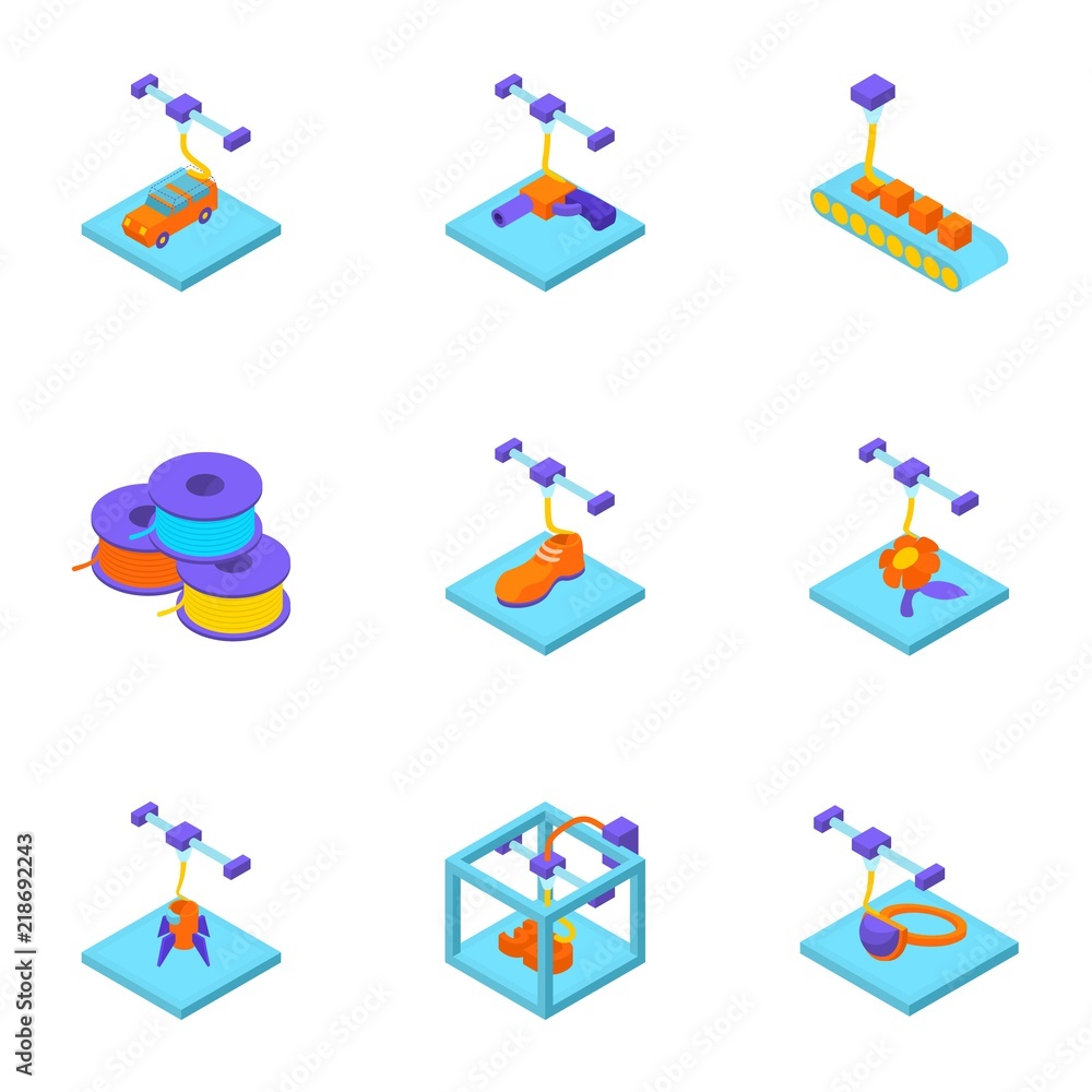Poster 3d printer icons set. isometric set of 9 3d printer vector icons for web isolated on white backgroun