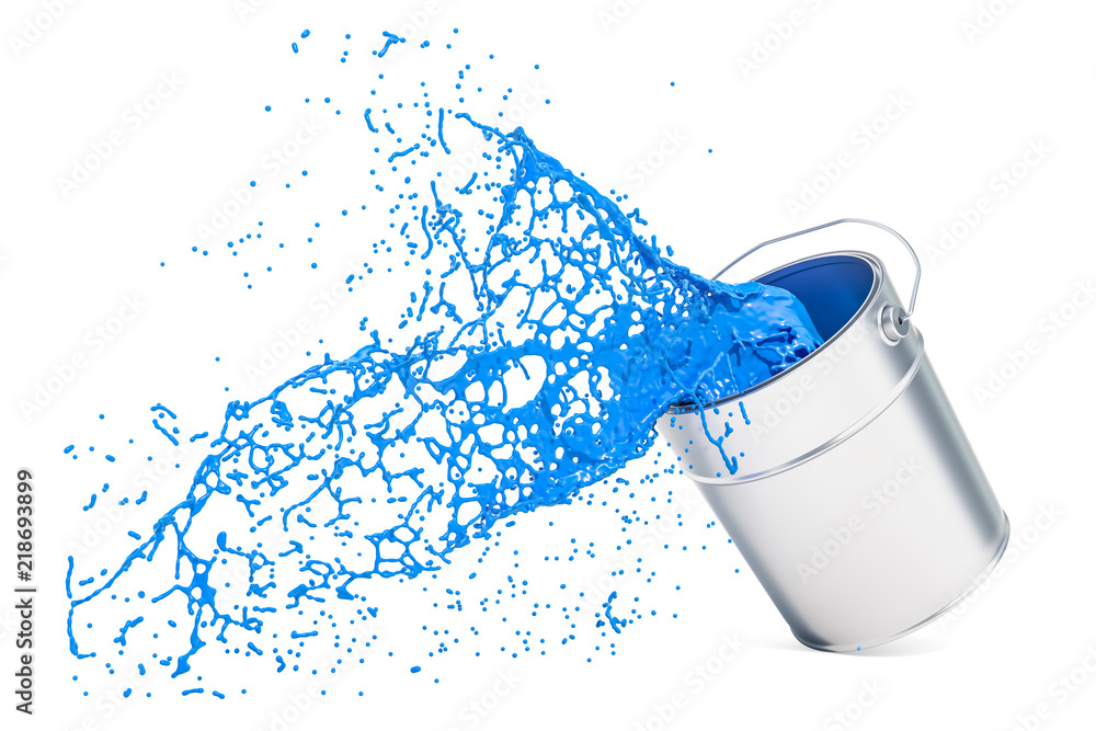 Poster blue paint can with splashing, 3d rendering
