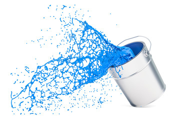 Naklejka premium Blue paint can with splashing, 3D rendering