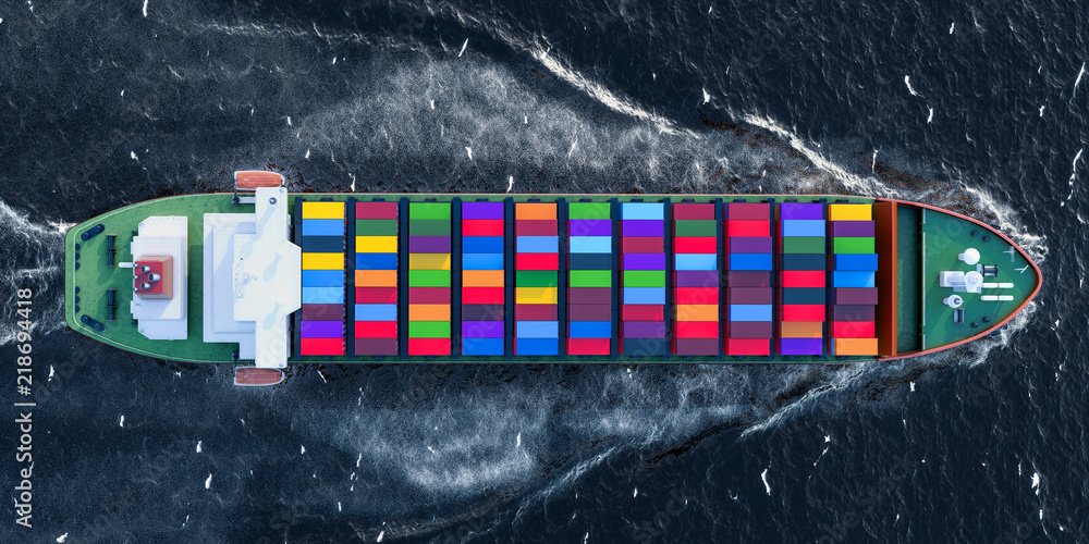 Poster freighter ship with cargo containers sailing in ocean, top view. 3d rendering