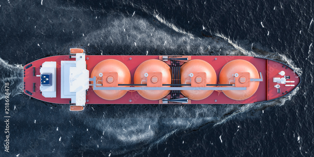 Wall mural gas tanker sailing in ocean, top view. 3d rendering