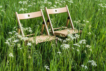 Chairs for relaxation on a green meadow